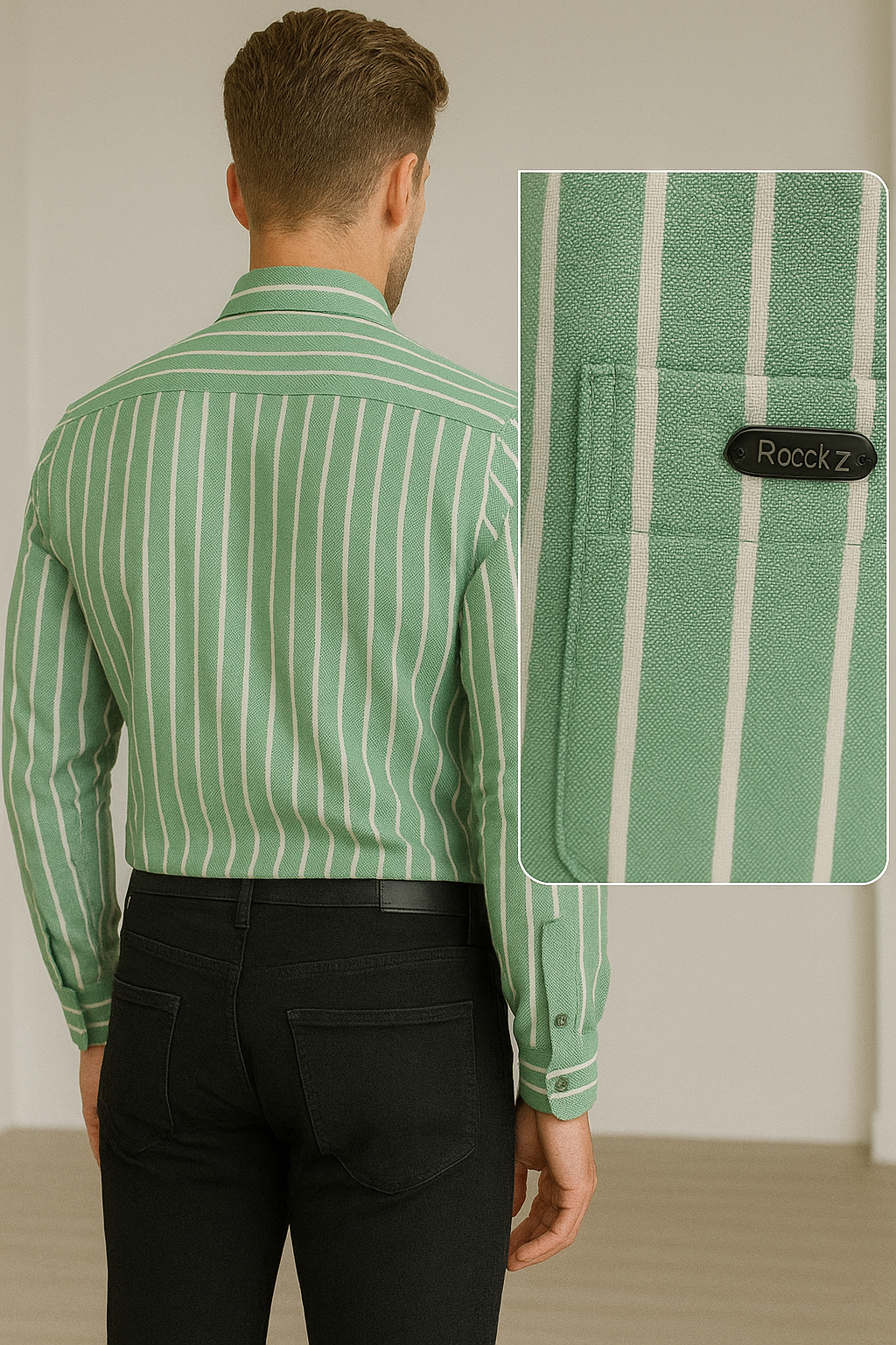 green & white vertical stripe 100% cotton casual shirt for men - 23378