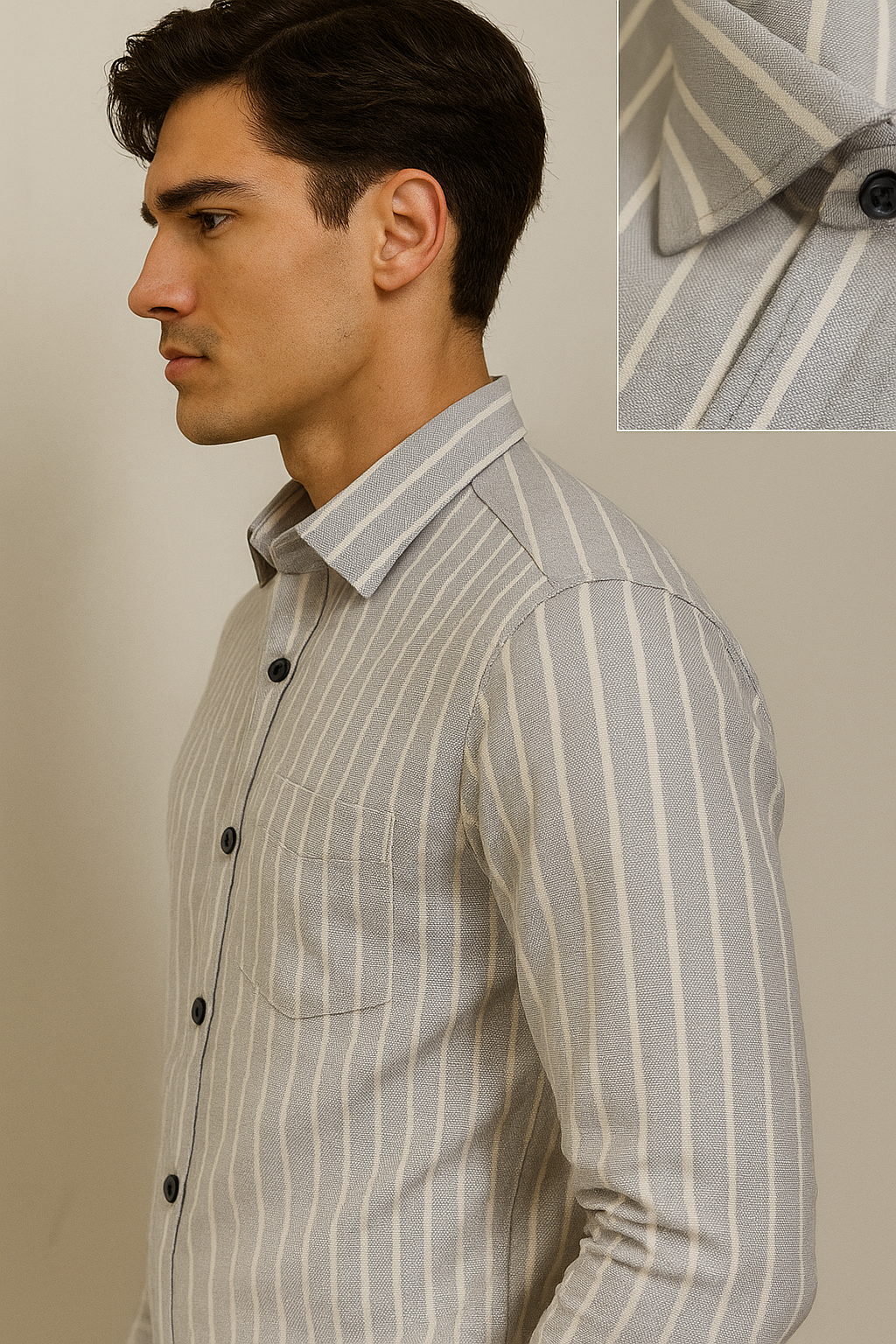 men’s classic grey & white striped 100% cotton casual shirt - 23381
