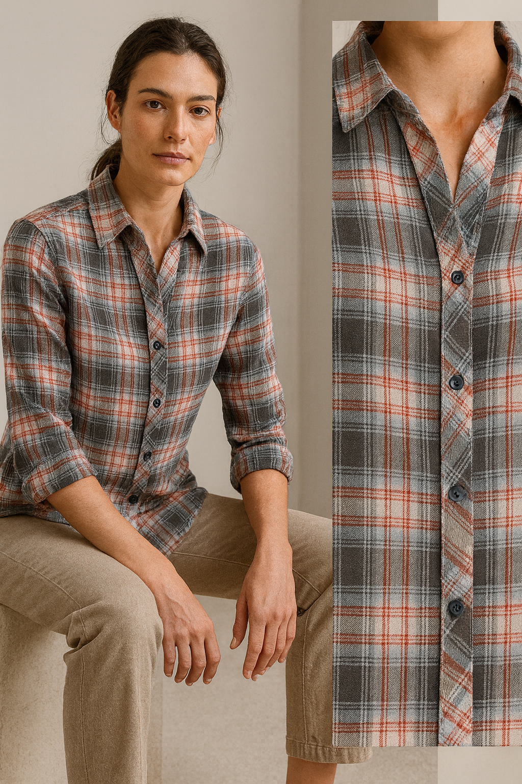 women’s soft cotton checkered casual shirt – red, grey & white plaid - 25225