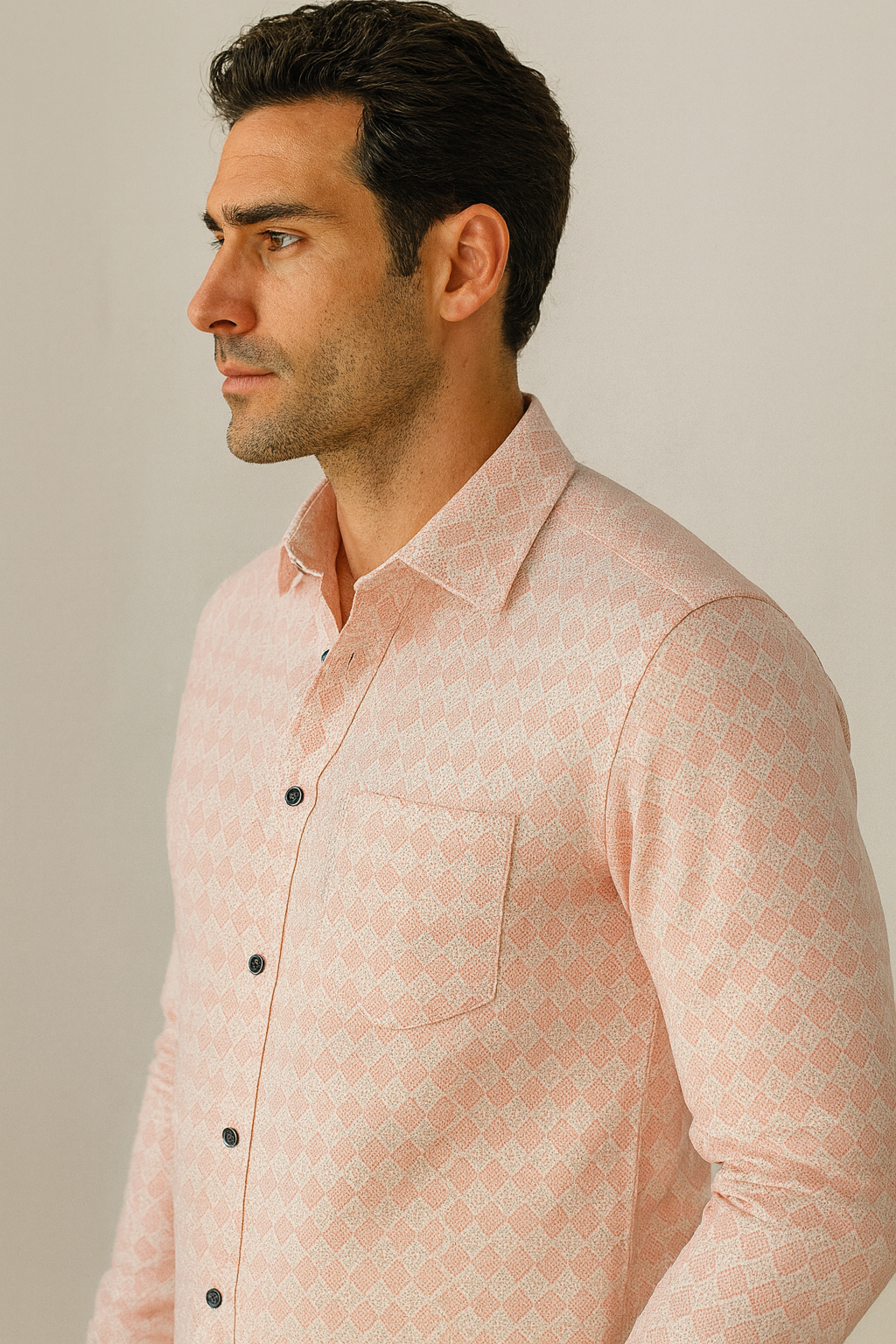 men’s premium cotton printed casual shirt – soft pink geometric pattern - 25501