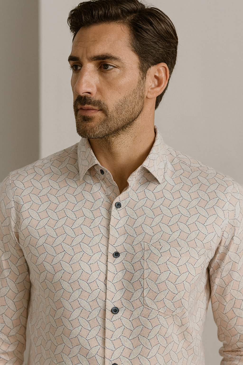men’s premium printed cotton shirt – soft peach & white geometric pattern - 25503