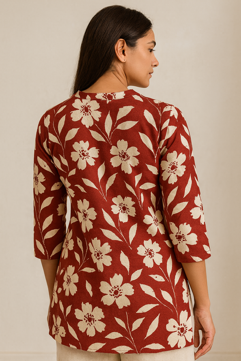 women’s red & ivory floral printed kurti - 26009