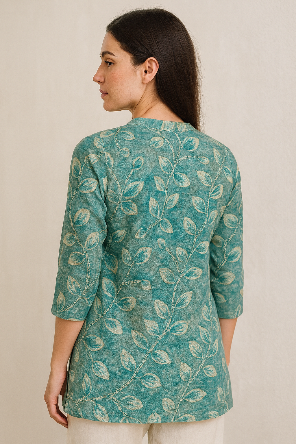 aqua green leaf-print hip-length kurti with v-notch neckline & 3/4 sleeves - 26186