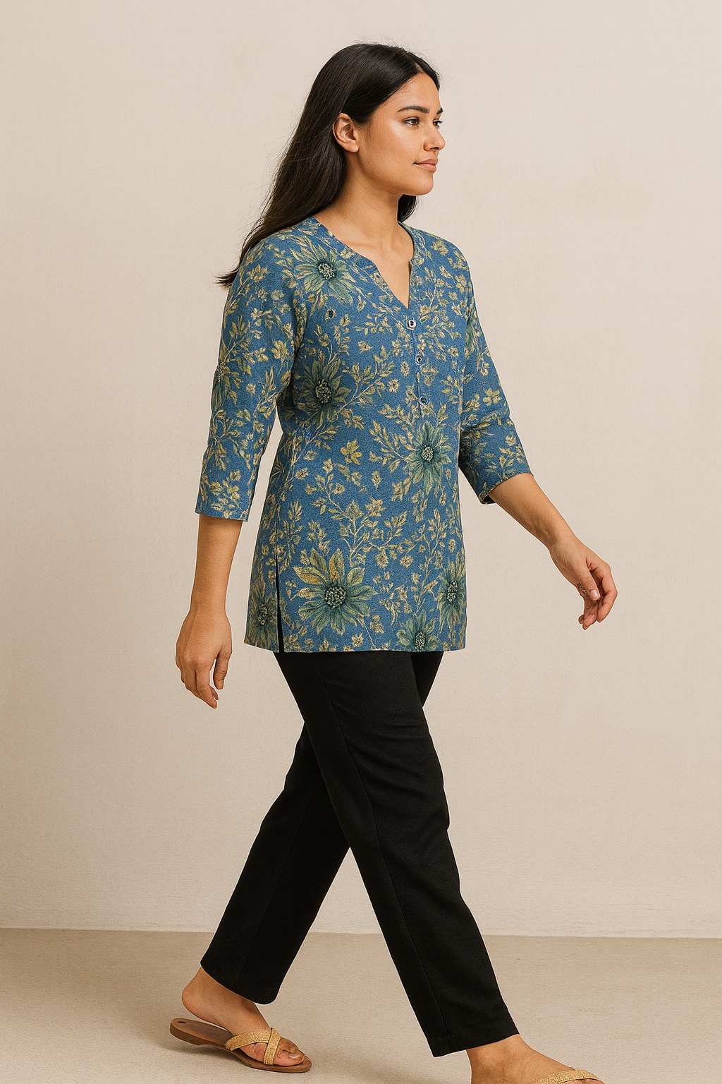 women’s blue floral printed kurti soft cotton blend - 26192