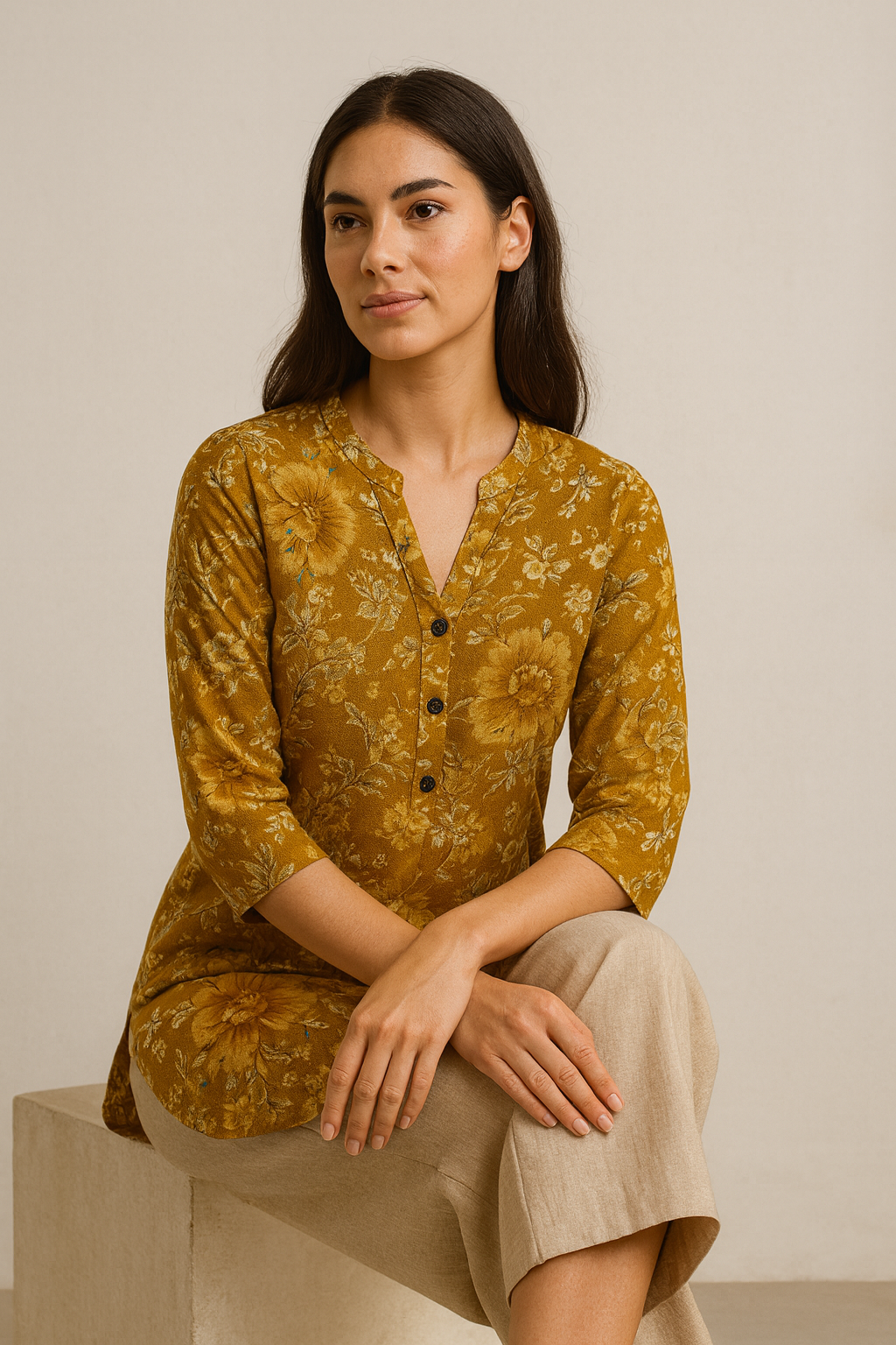 mustard floral printed hip-length kurti with v-notch neckline & 3/4 sleeves – 26193