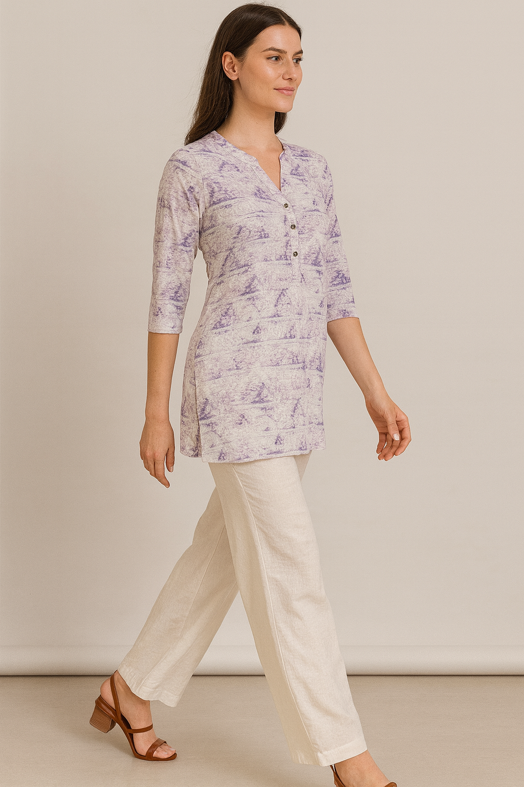 women’s printed kurti with v-notch neckline & 3/4 sleeves – soft pastel purple pattern - 26208