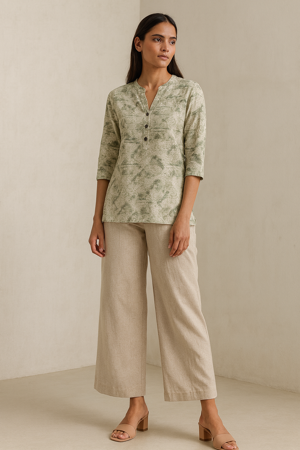 women’s soft v-notch neck printed hip-length kurti with 3/4 sleeves – green & white abstract pattern - 26209