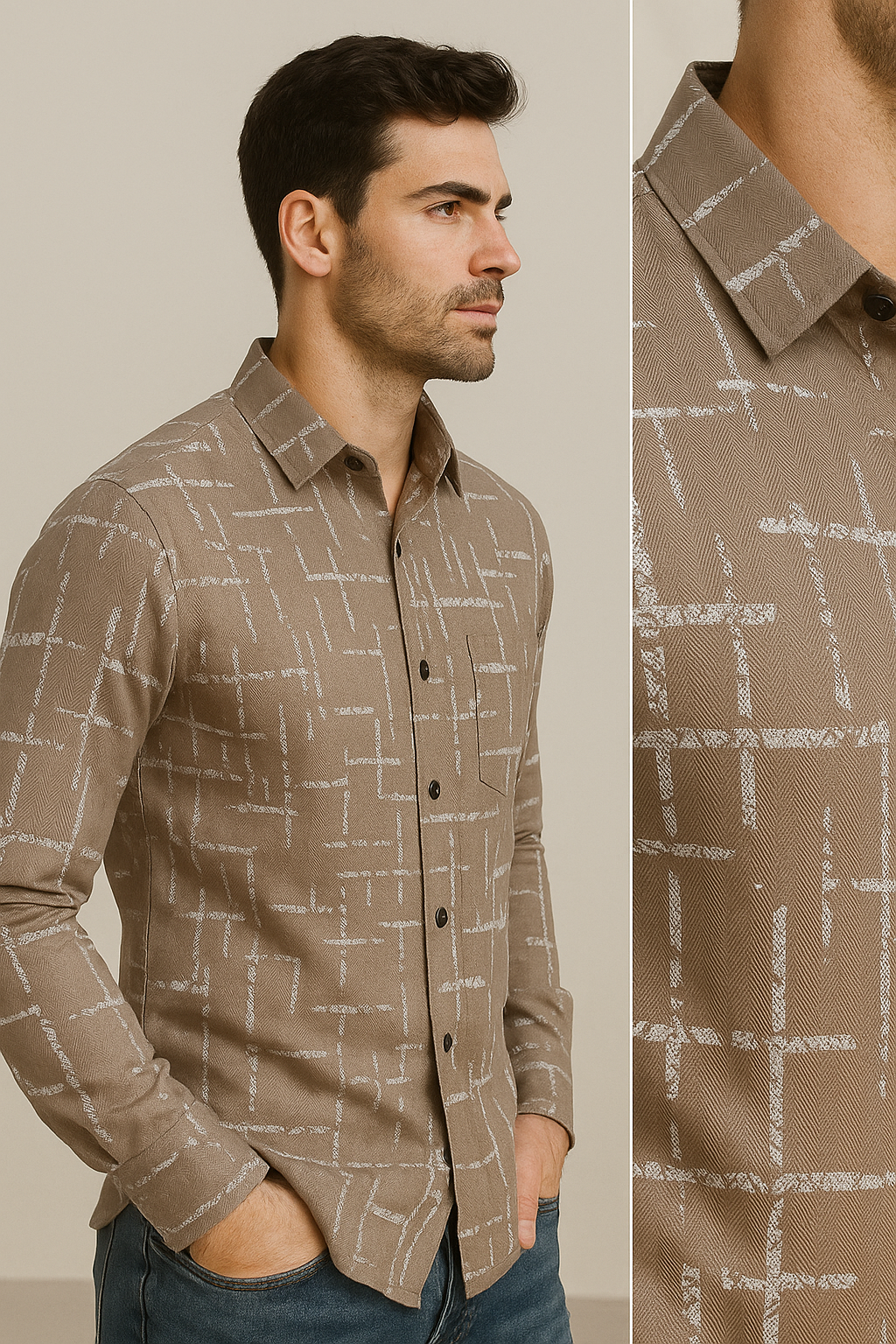 men’s premium printed casual shirt – taupe brown with abstract white pattern - 26245