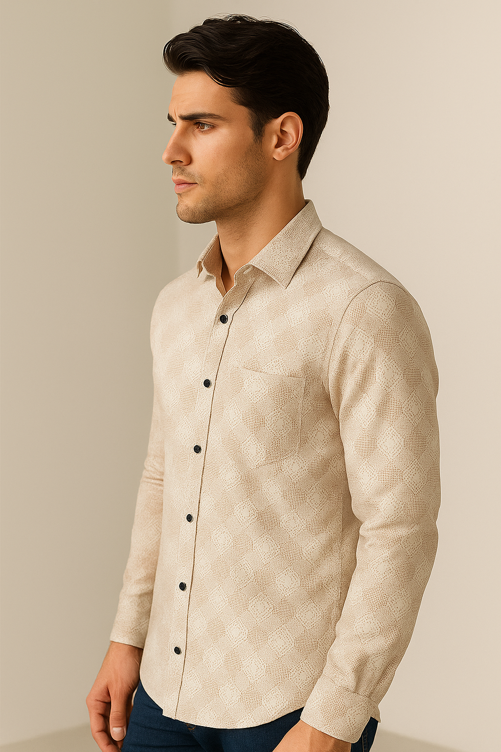 beige geometric pattern premium cotton shirt- 26248