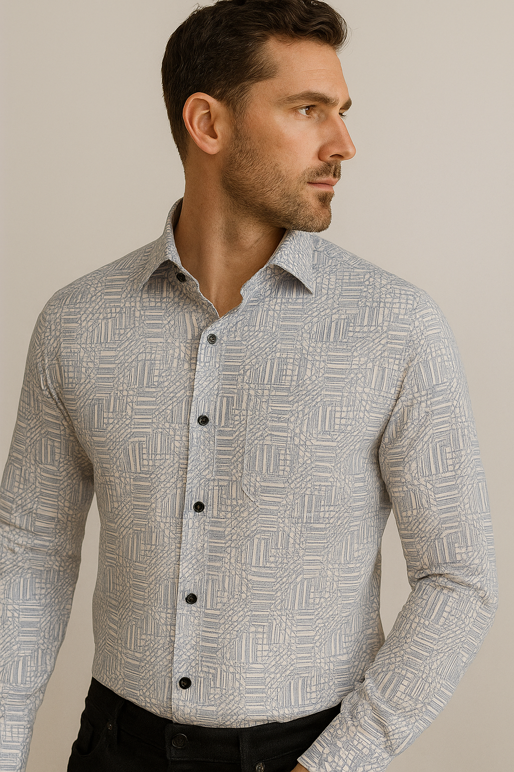 men’s premium printed cotton shirt – light blue geometric pattern - 26251