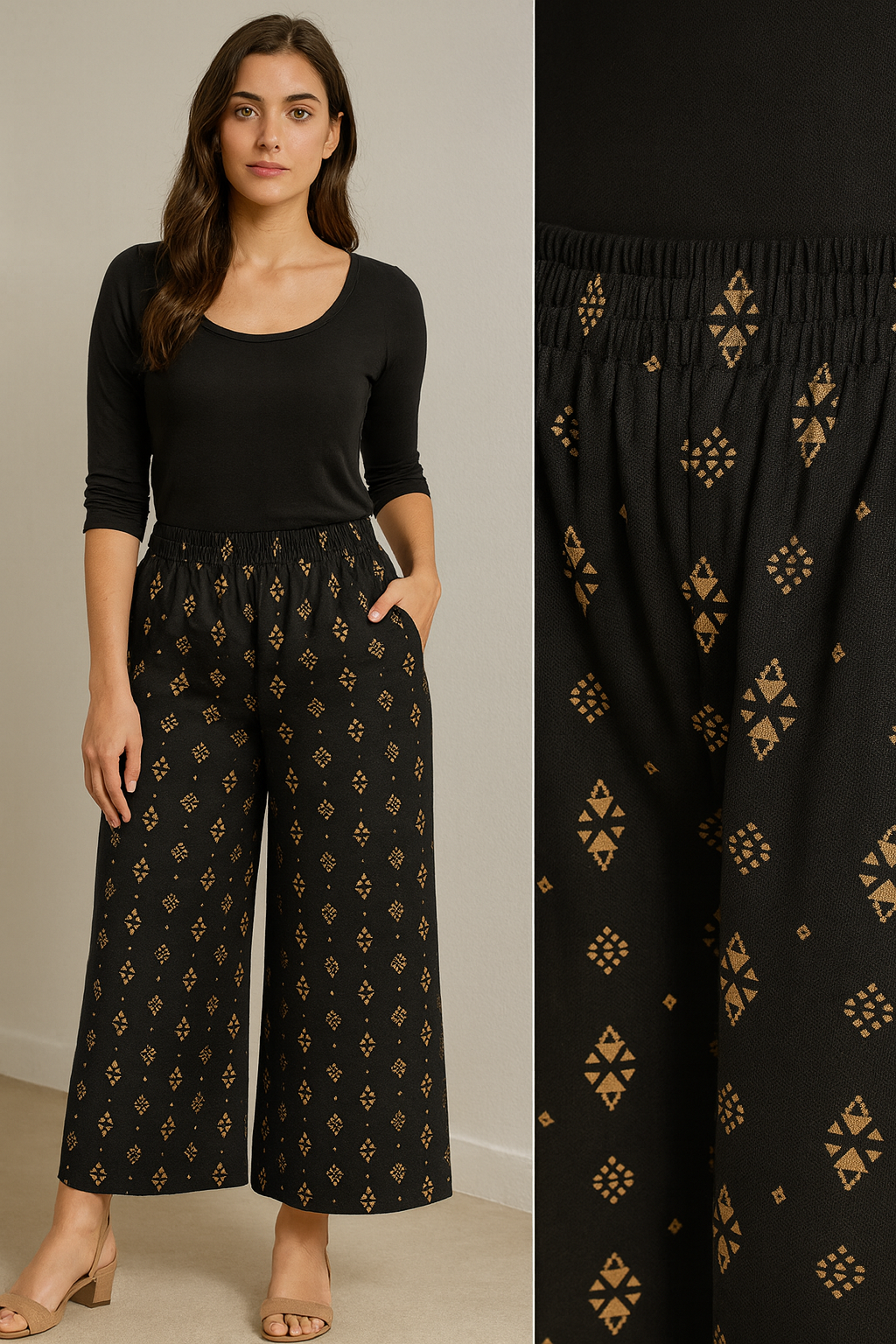 black ethnic print comfortable rayon palazzo for women - 26284