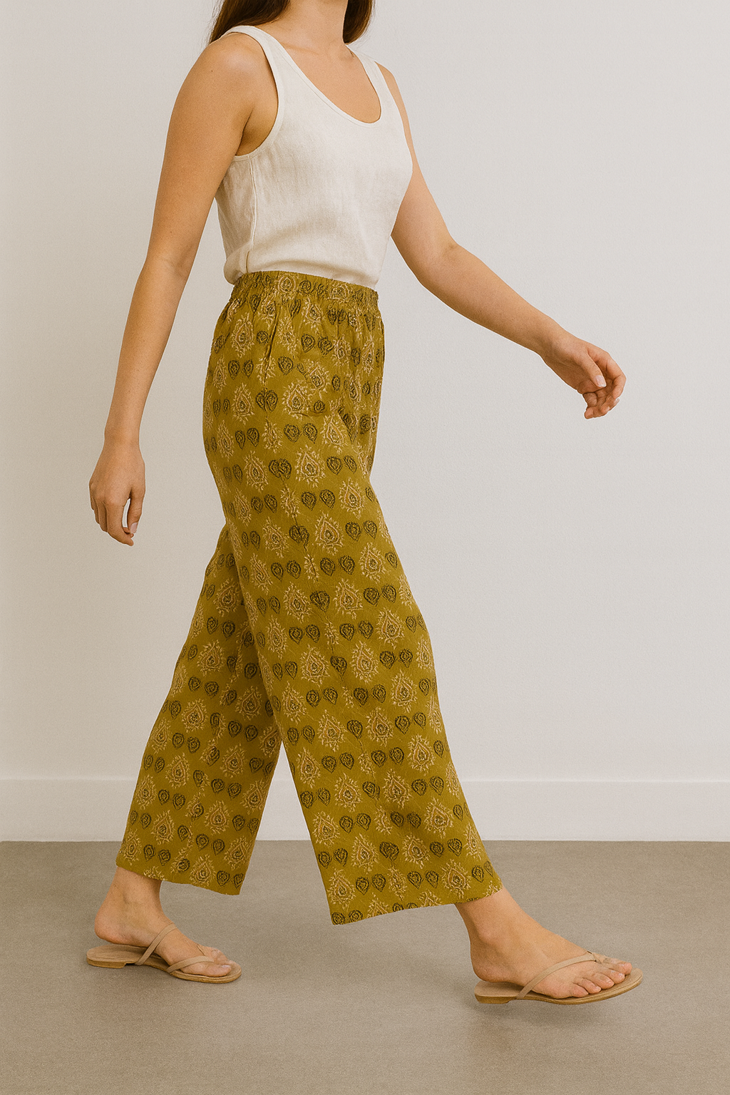 women’s mustard ethnic print cotton palazzo – 26289