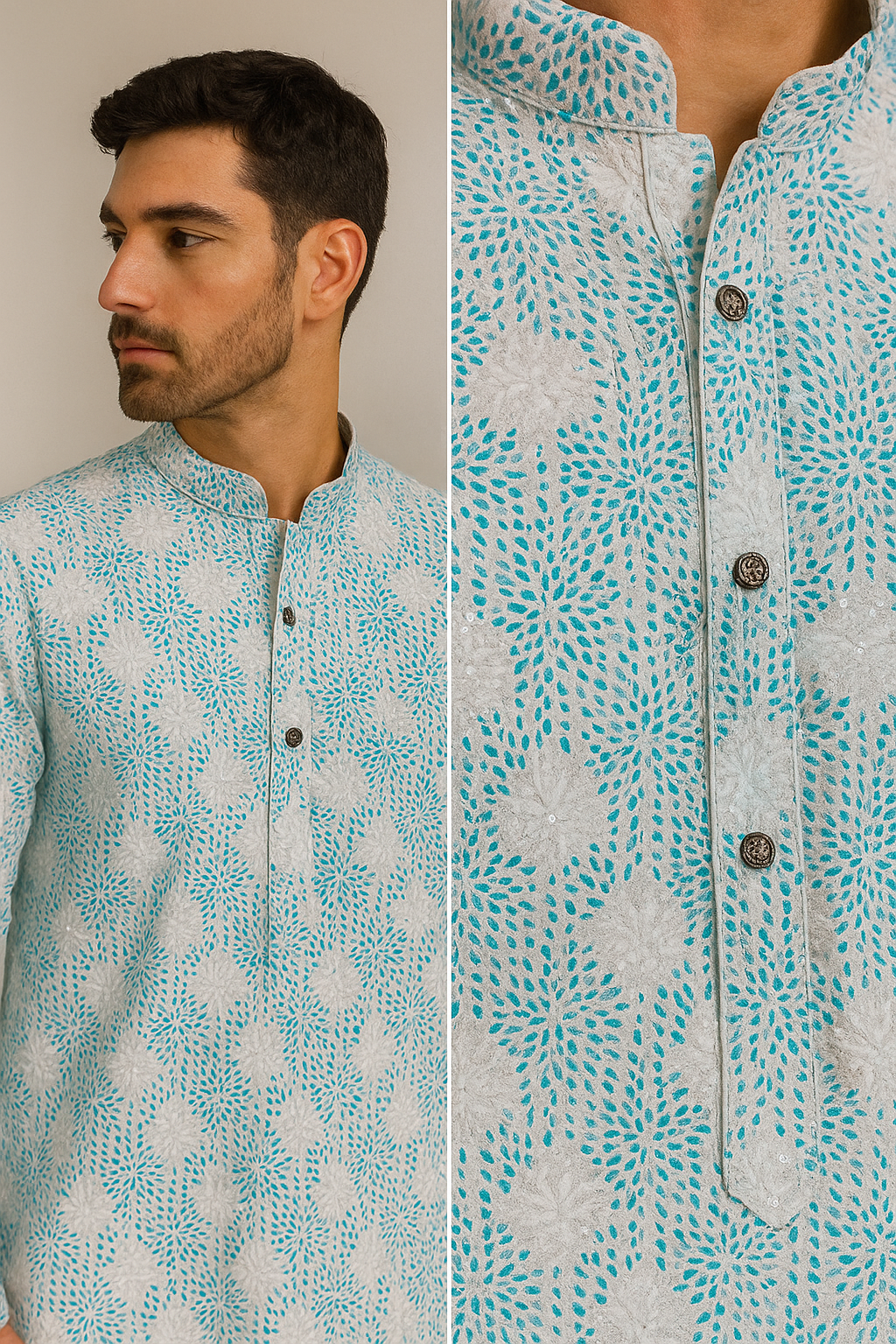 aqua blue & white embroidered sequin work cotton kurta for men - 26409