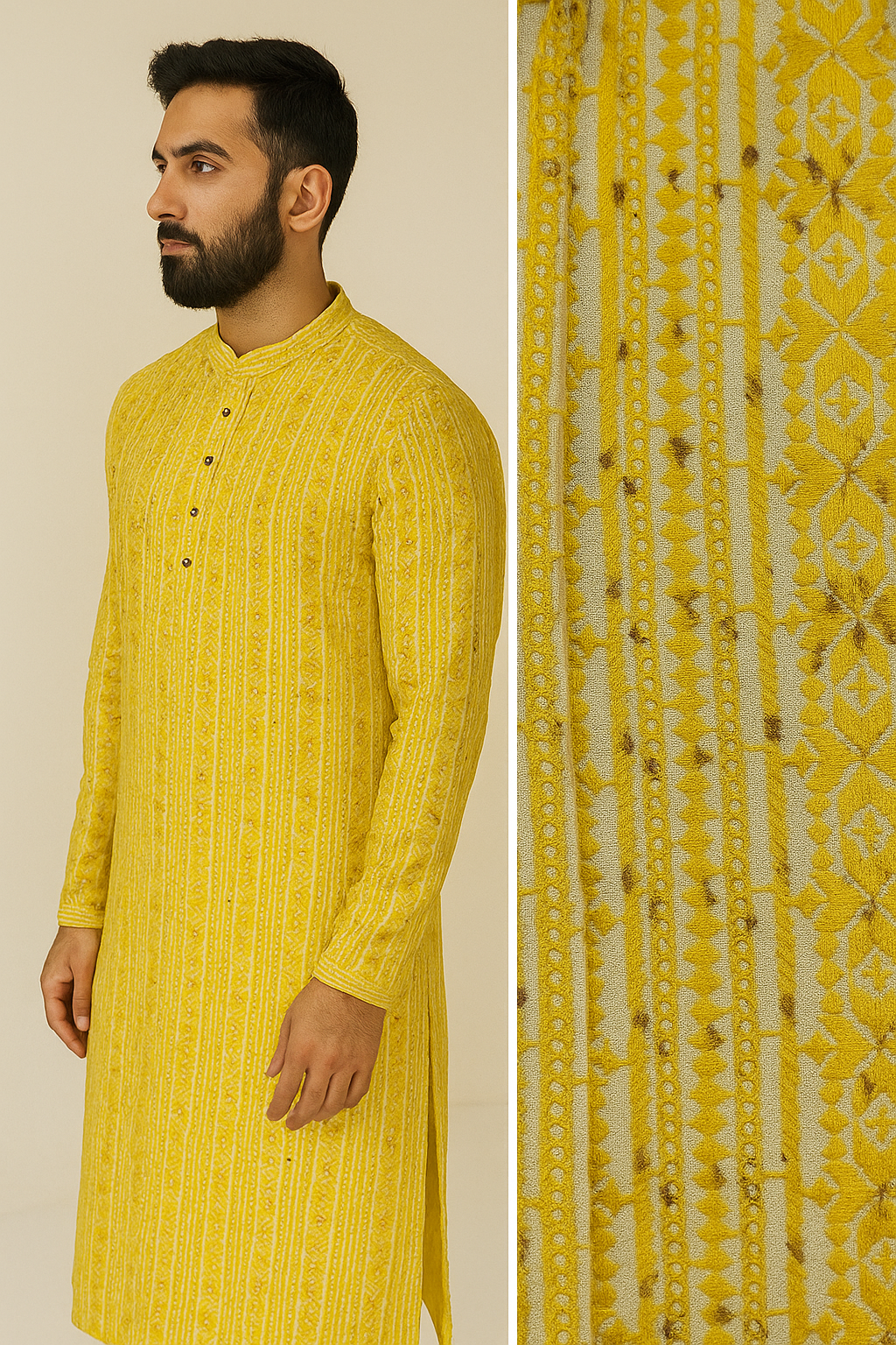 mustard yellow sequin & thread embroidered long kurta - 26413