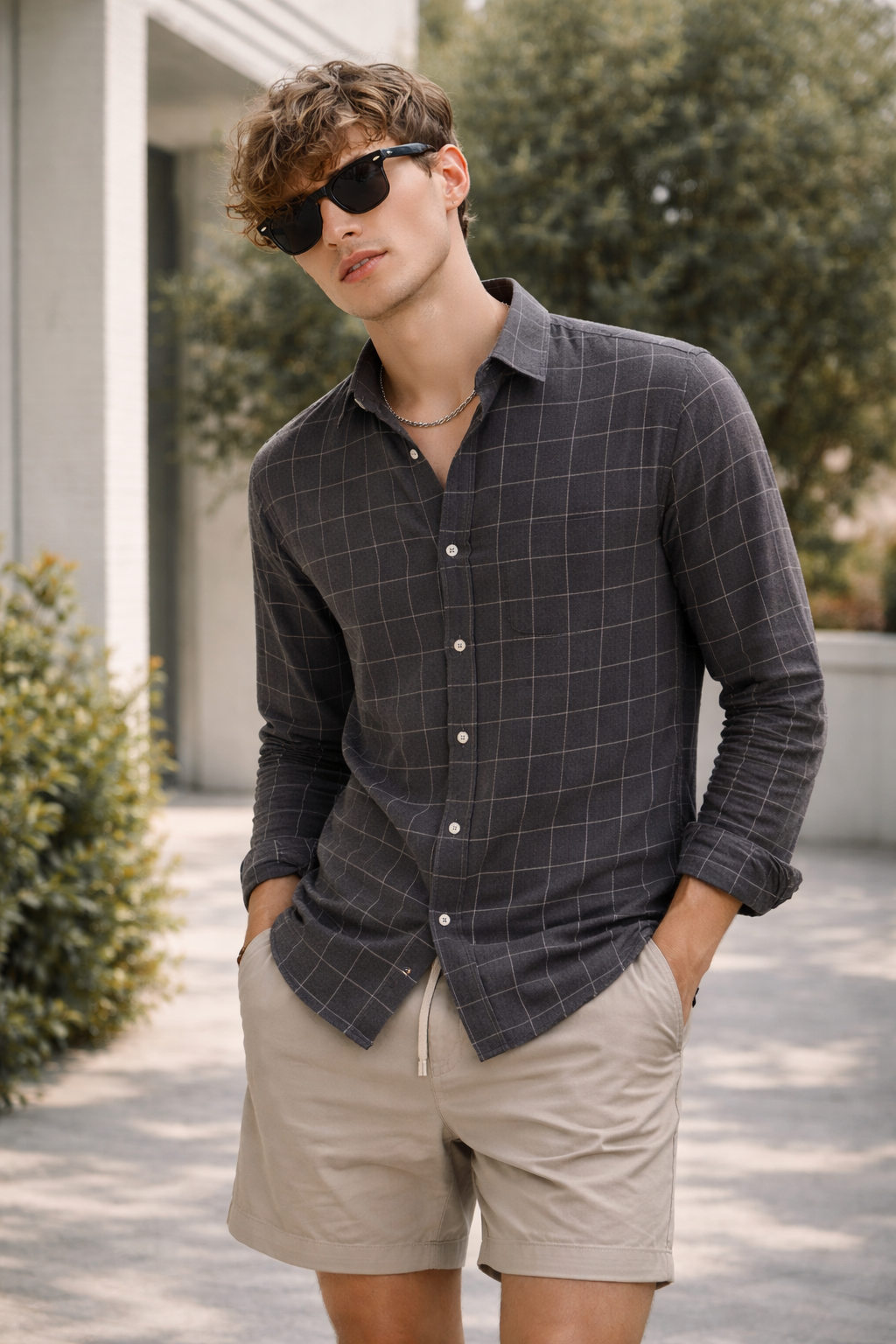 Men’s Premium Charcoal Grey Checkered Formal Shirt - 23206