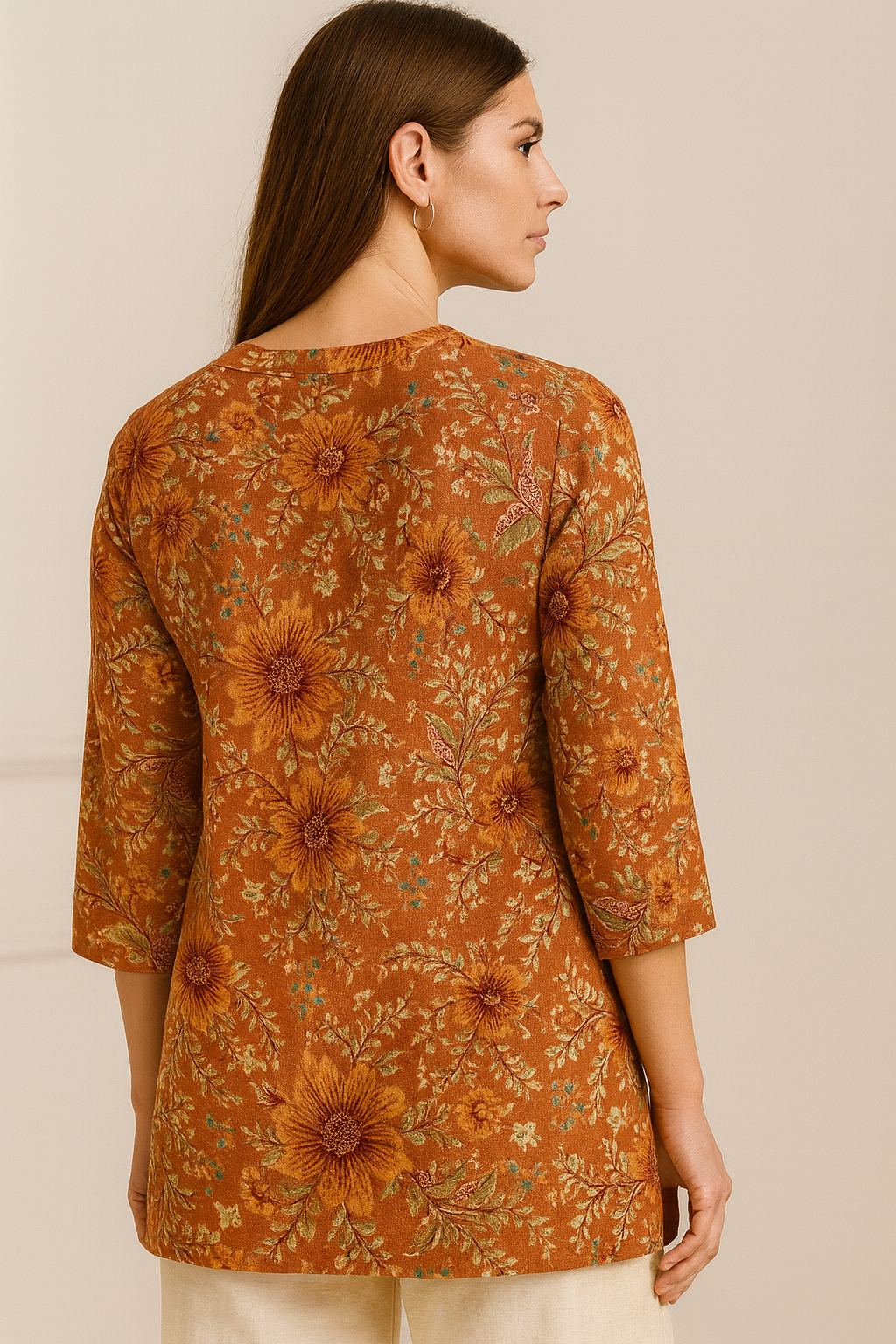 rust floral printed hip-length kurti with v-notch neck & 3/4 sleeves - 26183