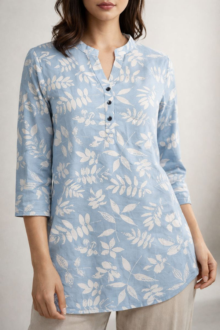 Women’s Powder Blue Leaf Print Short Kurti - 26213