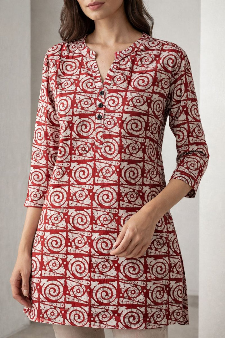 Red & Off-White Printed Kurti - 26017