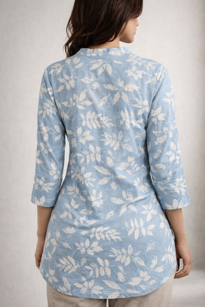 Women’s Powder Blue Leaf Print Short Kurti - 26213