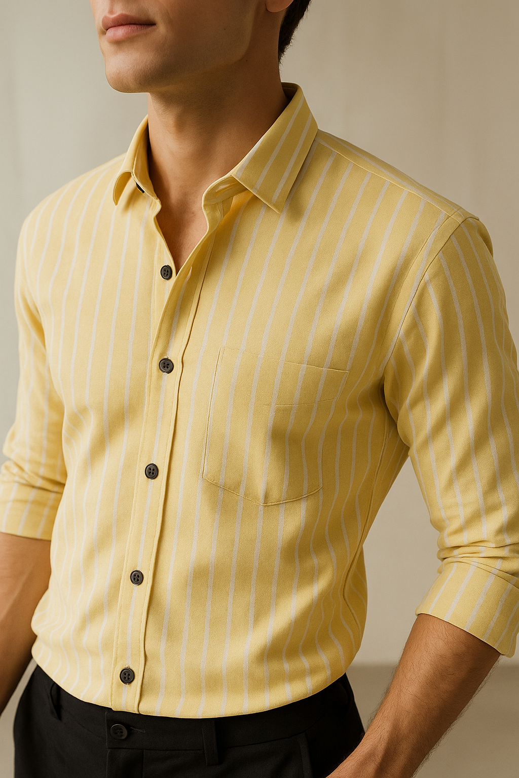 men’s yellow & white striped cotton casual shirt  - 23374