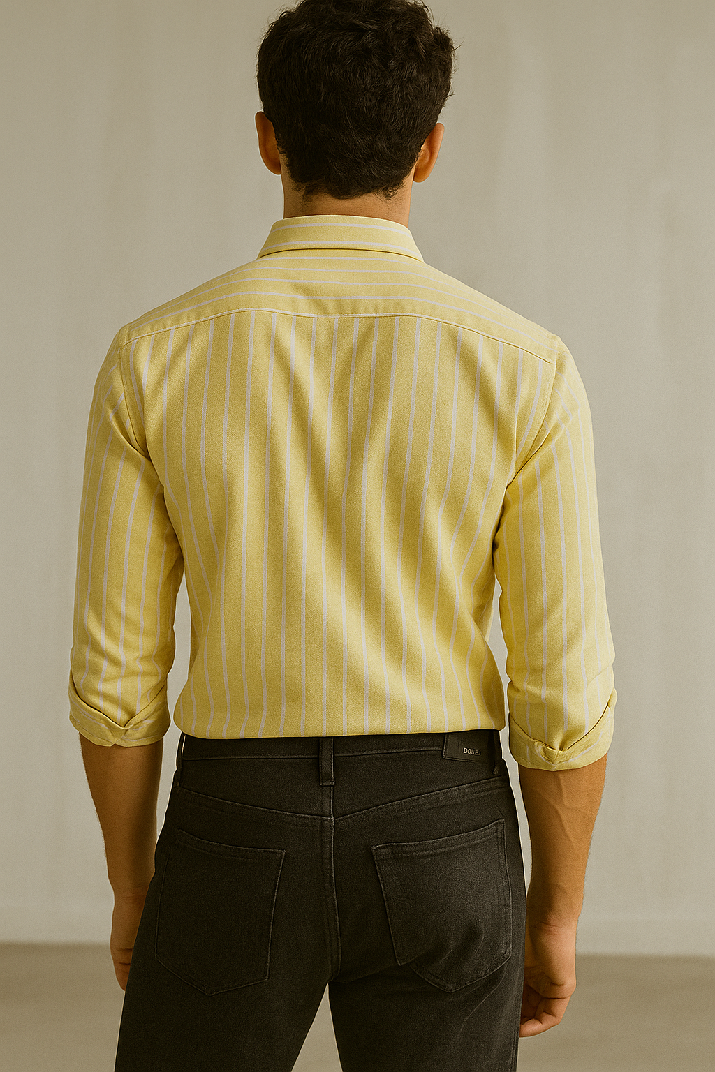 men’s yellow & white striped cotton casual shirt  - 23374