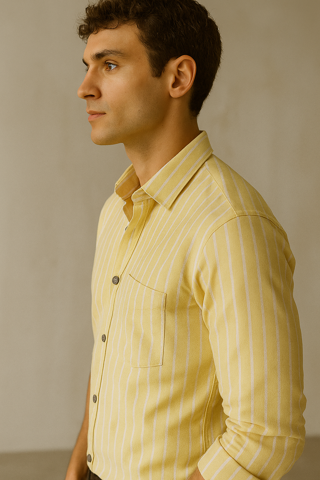 men’s yellow & white striped cotton casual shirt  - 23374