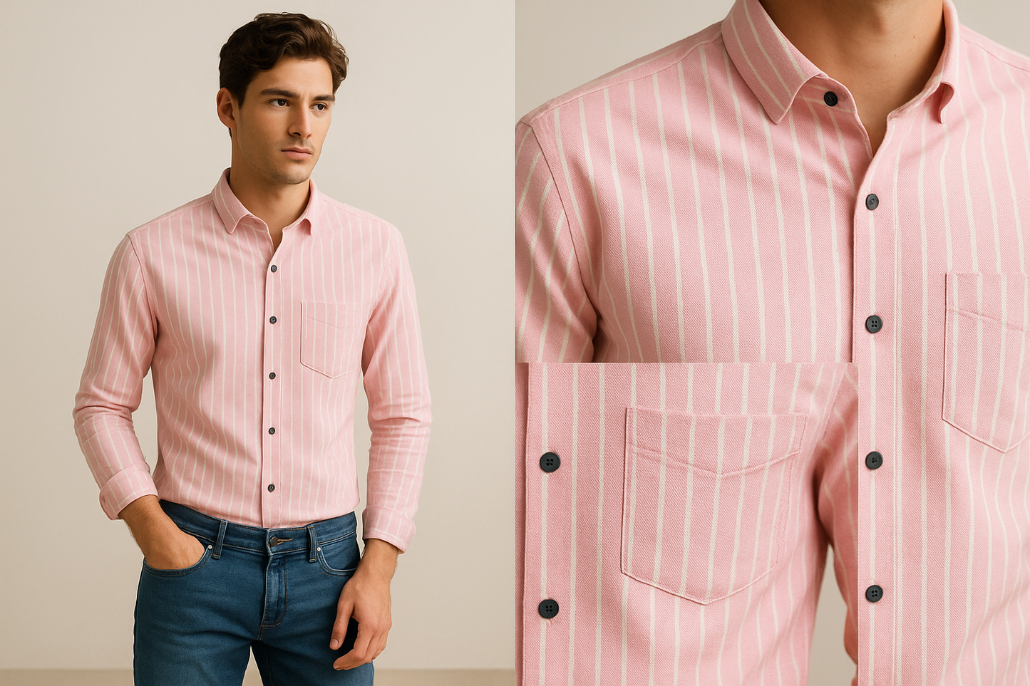 men’s pink & white striped cotton casual shirt by rocck'z - 23375