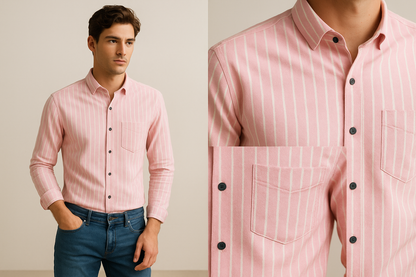 Men’s Pink & White Striped Cotton Casual Shirt by Rocck'z - 23375