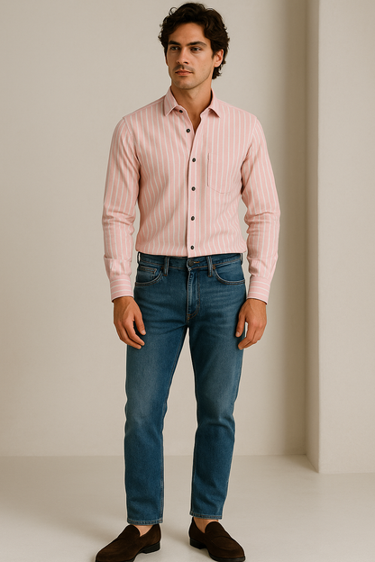 Men’s Pink & White Striped Cotton Casual Shirt by Rocck'z - 23375