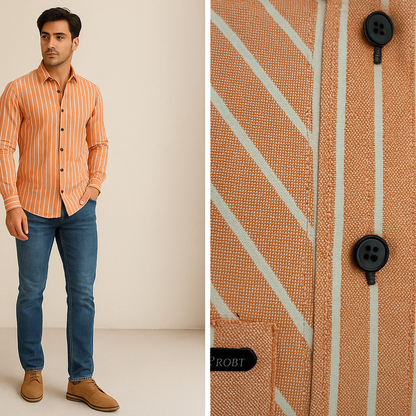 Men’s Classic Orange & White Striped 100% Cotton Casual Shirt - 23376