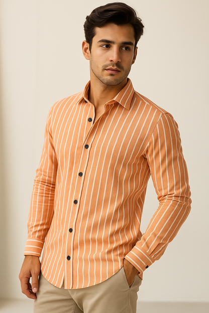 Men’s Classic Orange & White Striped 100% Cotton Casual Shirt - 23376