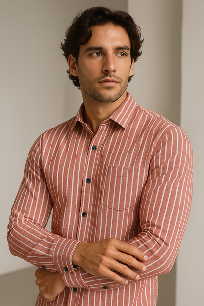 Red & White Striped 100% Cotton Casual Shirt for Men by ROCCK'Z - 23377