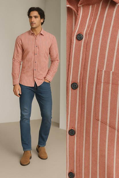 Red & White Striped 100% Cotton Casual Shirt for Men by ROCCK'Z - 23377