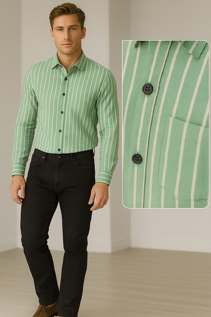 Green & White Vertical Stripe 100% Cotton Casual Shirt for Men - 23378