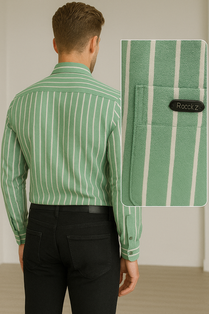 Green & White Vertical Stripe 100% Cotton Casual Shirt for Men - 23378