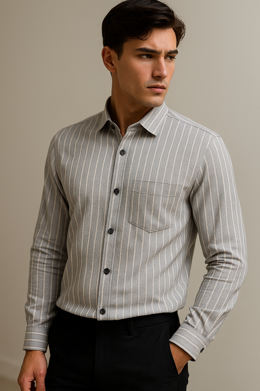 men’s classic grey & white striped 100% cotton casual shirt - 23381