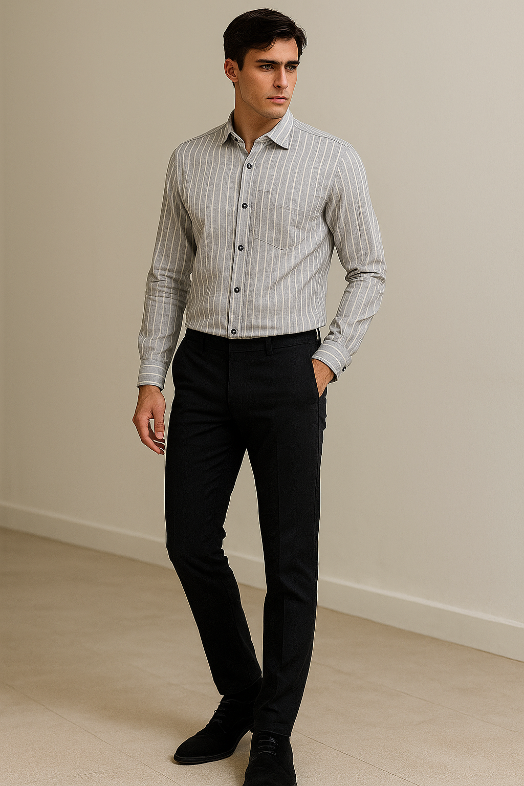 men’s classic grey & white striped 100% cotton casual shirt - 23381