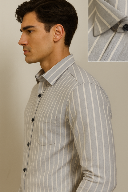 Men’s Classic Grey & White Striped 100% Cotton Casual Shirt - 23381