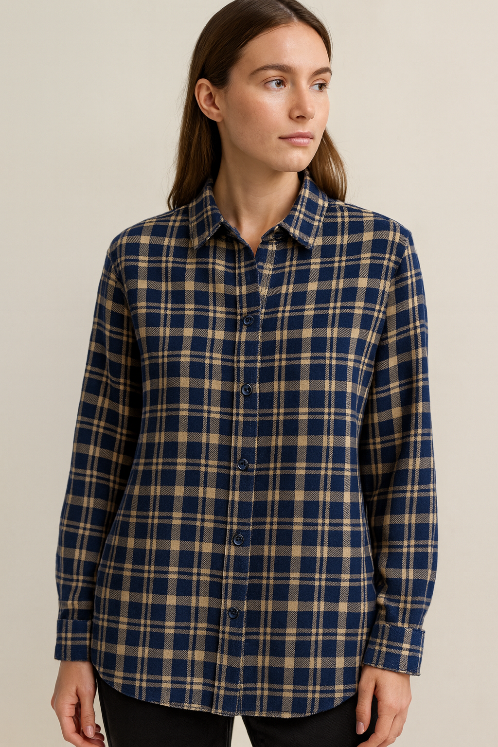 women’s navy & beige checkered casual button-down shirt - 24123