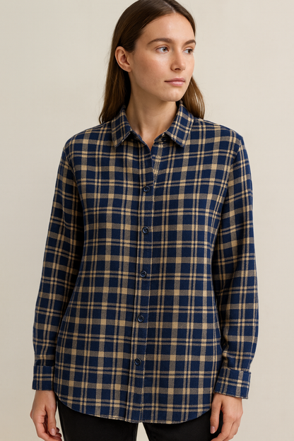 Women’s Navy & Beige Checkered Casual Button-Down Shirt - 24123