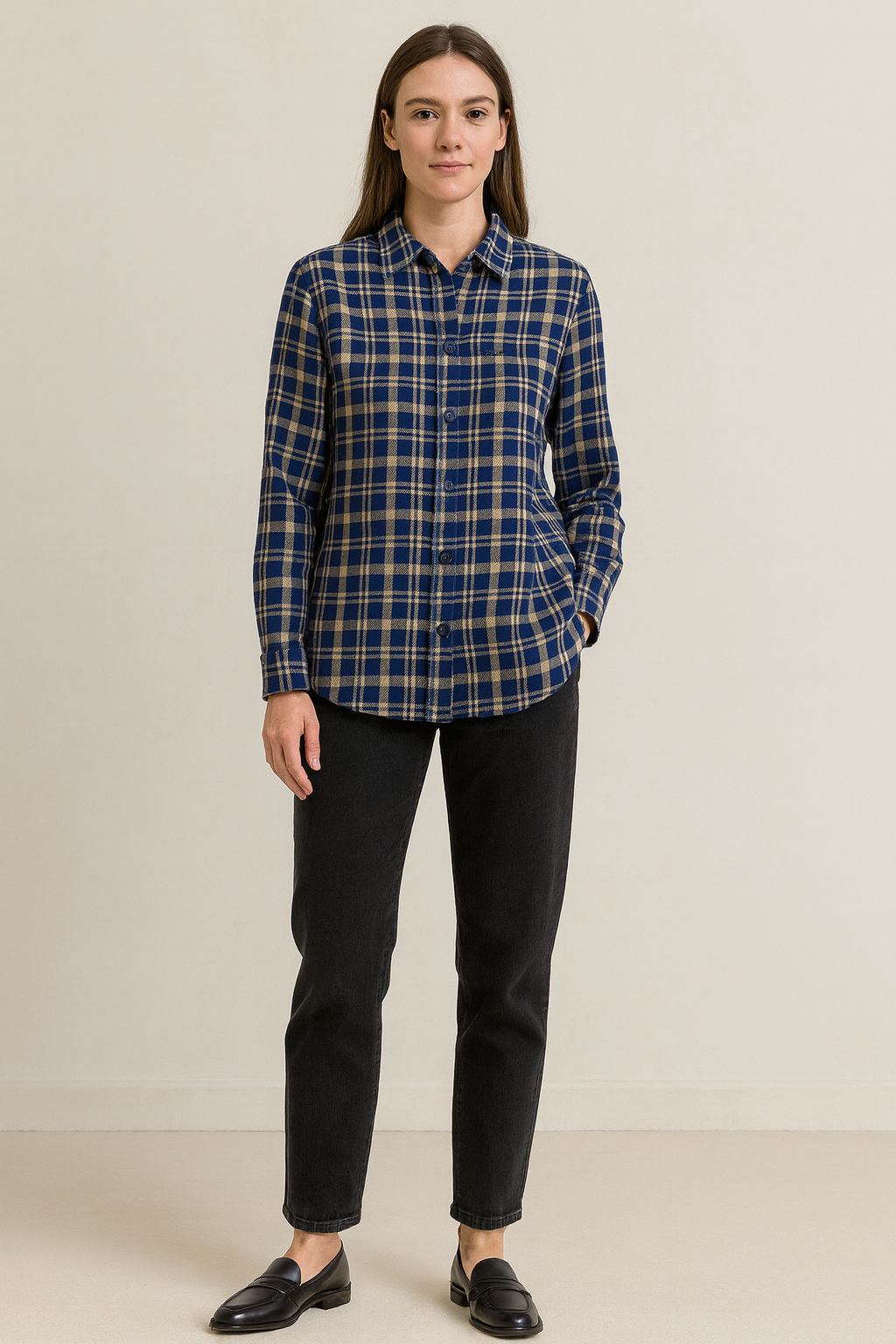 women’s navy & beige checkered casual button-down shirt - 24123