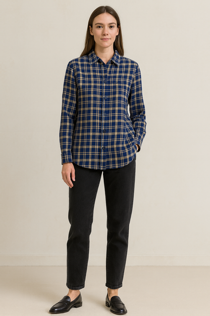 Women’s Navy & Beige Checkered Casual Button-Down Shirt - 24123