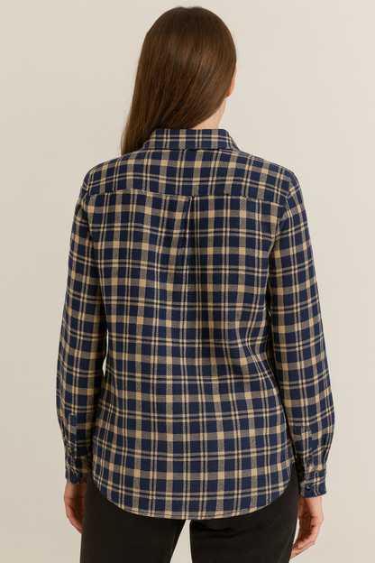 Women’s Navy & Beige Checkered Casual Button-Down Shirt - 24123