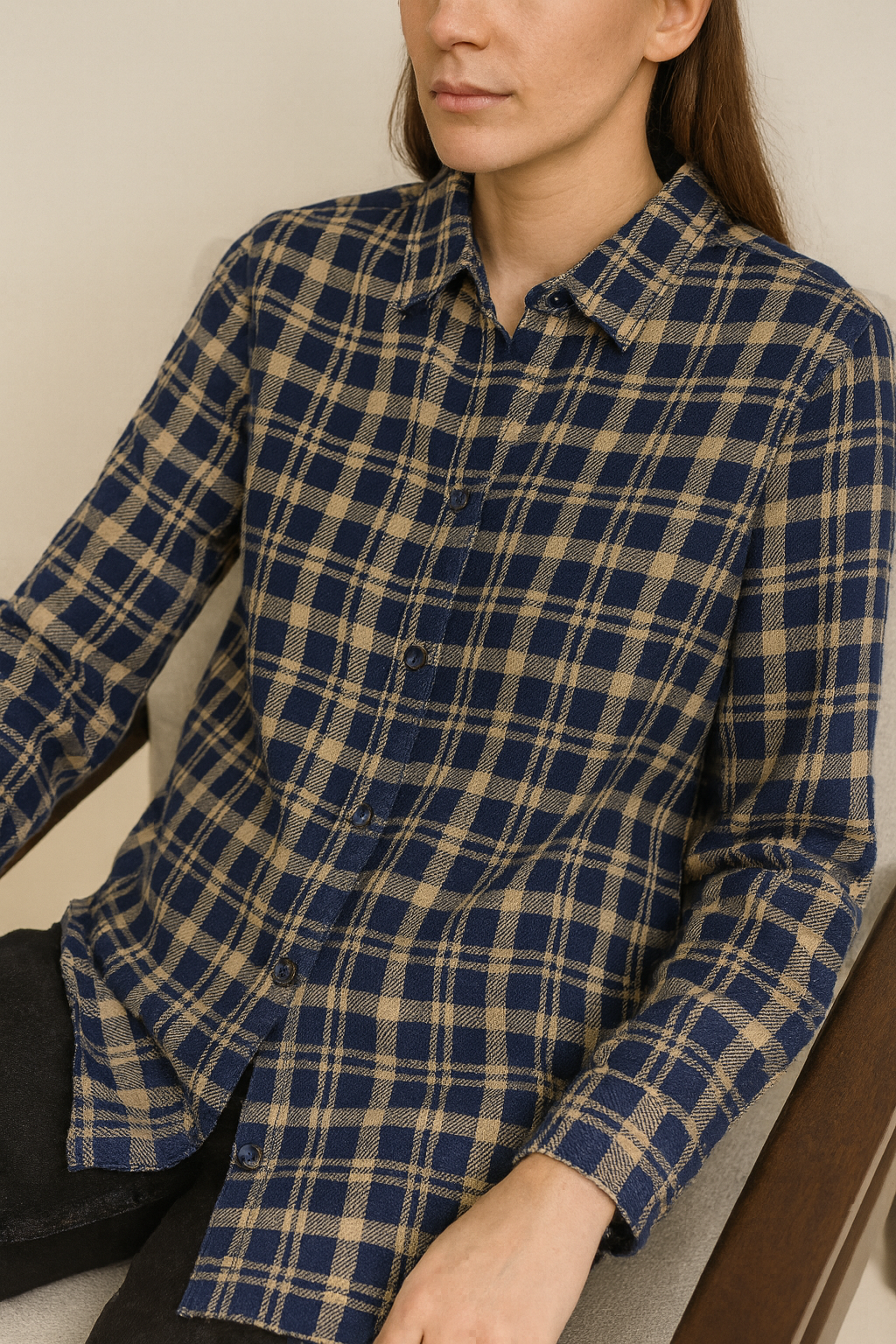 women’s navy & beige checkered casual button-down shirt - 24123