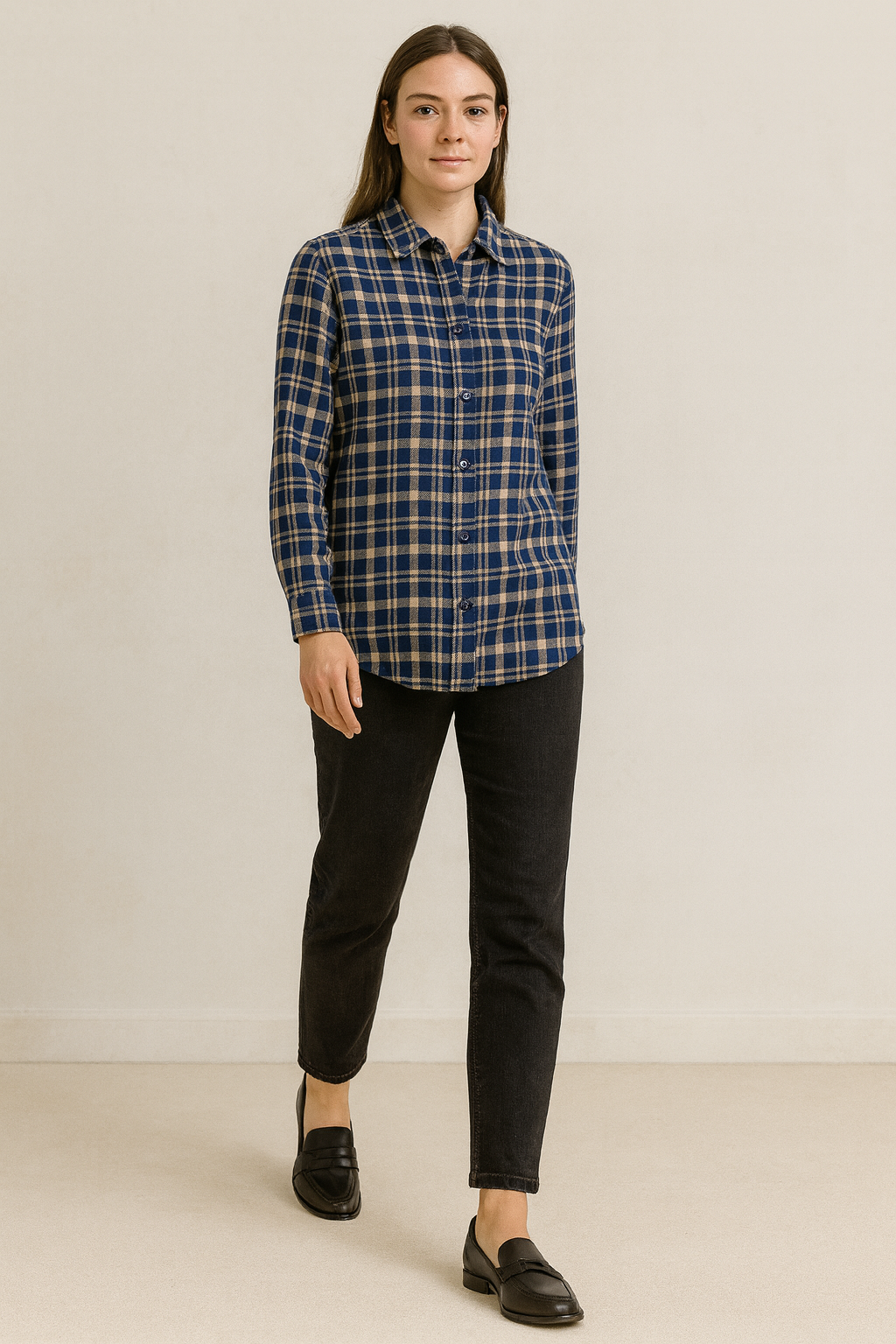 women’s navy & beige checkered casual button-down shirt - 24123