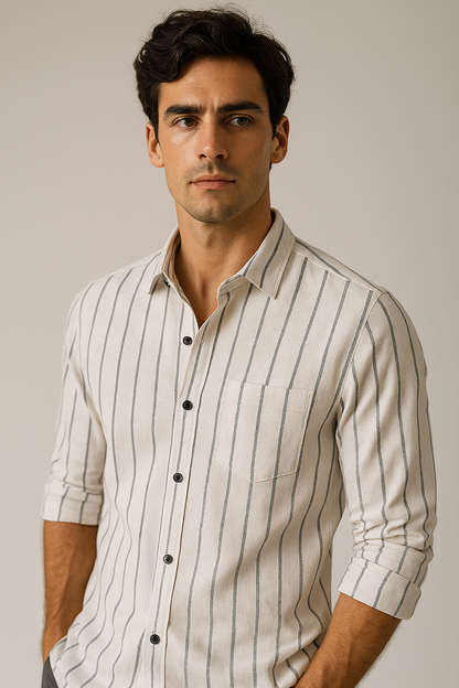RoccK’z Premium White Linen Striped Casual Shirt for Men - 24549