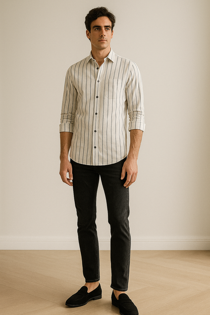 RoccK’z Premium White Linen Striped Casual Shirt for Men - 24549