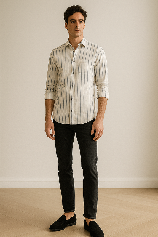 RoccK’z Premium White Linen Striped Casual Shirt for Men - 24549