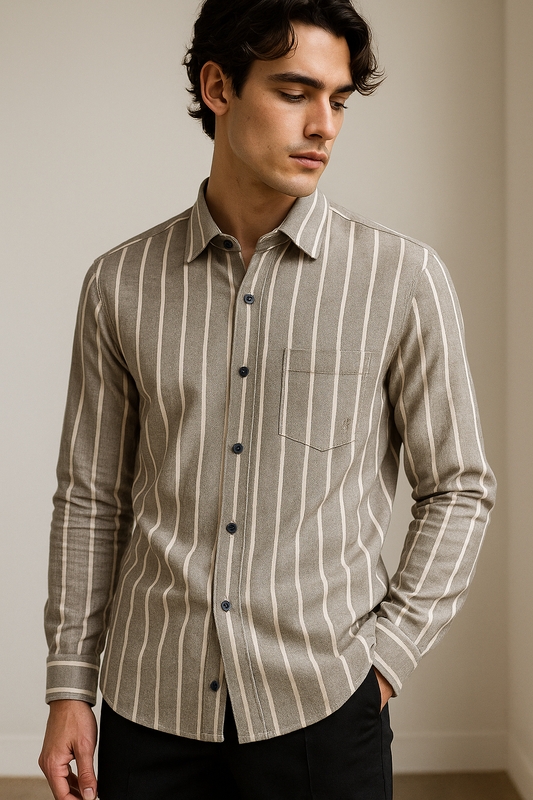 Beige & White Vertical Stripe Cotton Casual Shirt - 24550