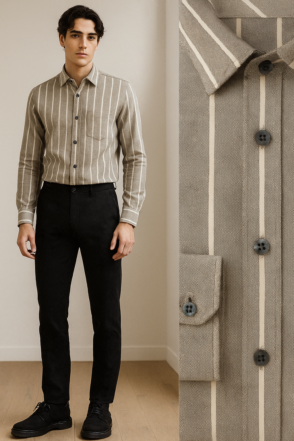 beige & white vertical stripe cotton casual shirt - 24550